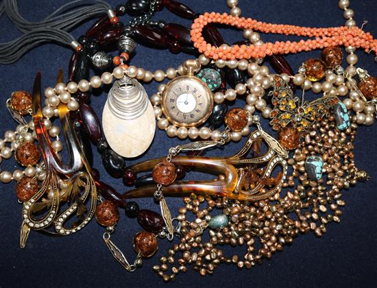 A quantity of mainly costume jewellery and other items including coral necklace and brooch.